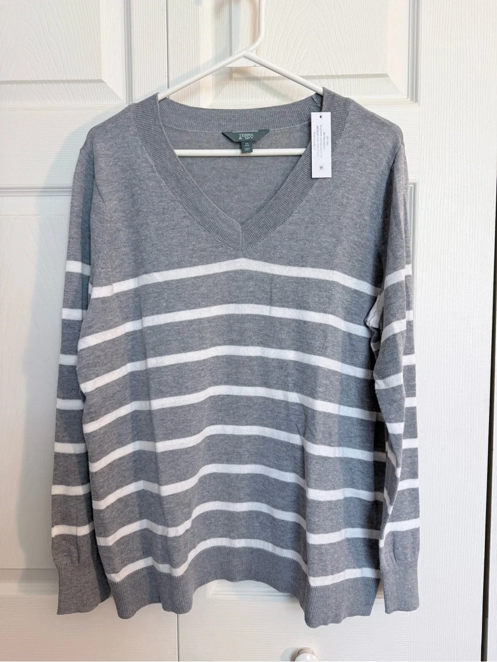 Terra & Sky Gray and White Striped V-Neck Sweater